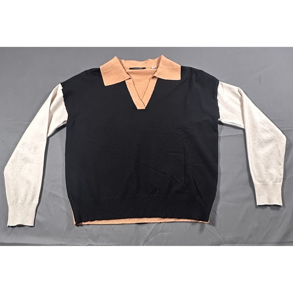 T Tahari Colorblock Polo Sweater Womens XS Black Tan V-Neck Knit‎ Pullover